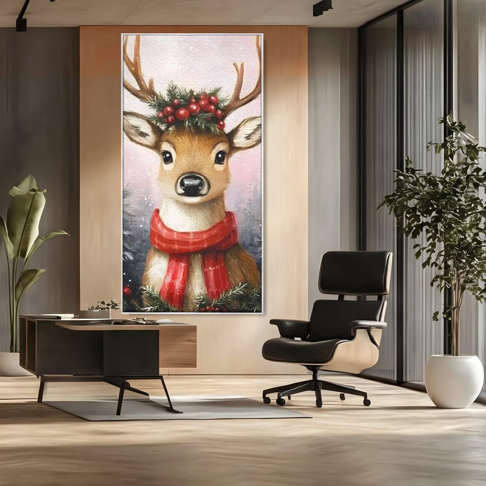 Tablou canvas cu tablou canvas cu ren festiv, in rama de aluminiu argintiu, pe perete intr-un birou
